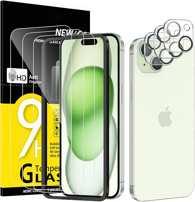 NEW'C 3x for iPhone 15 Plus Screen Protector (6.7 inches)+ 3x Camera Lens Protector, Sensor Protection, Case Friendly Tempered Glass Film + Dust Plug- Easy installation tool include