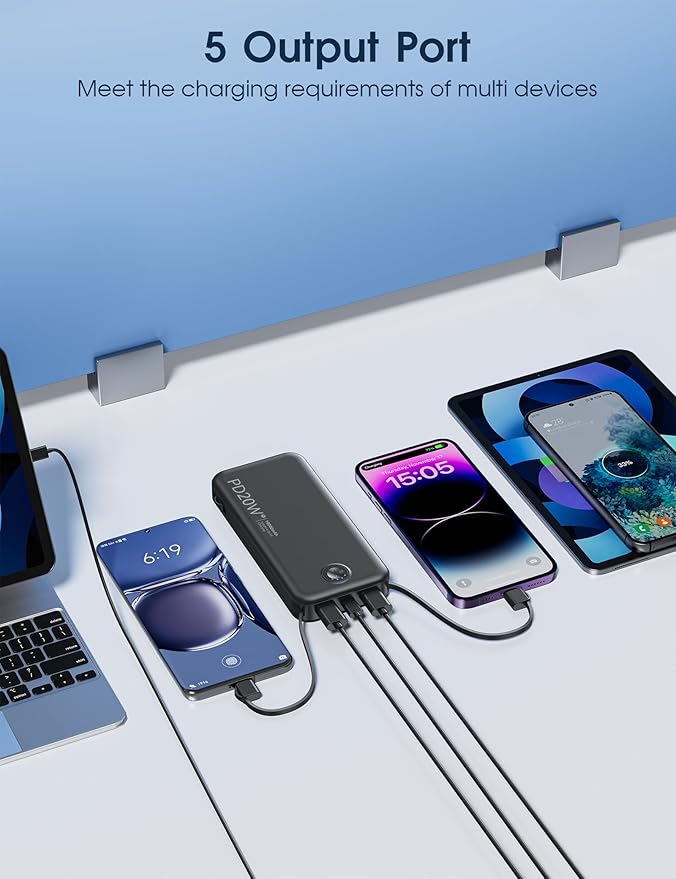 Portable Charger, 10000mAh PD20W Fast Charging Power Bank with Built-in Cables & Wall Plug, USB C Battery Phone Charger for iPhone
