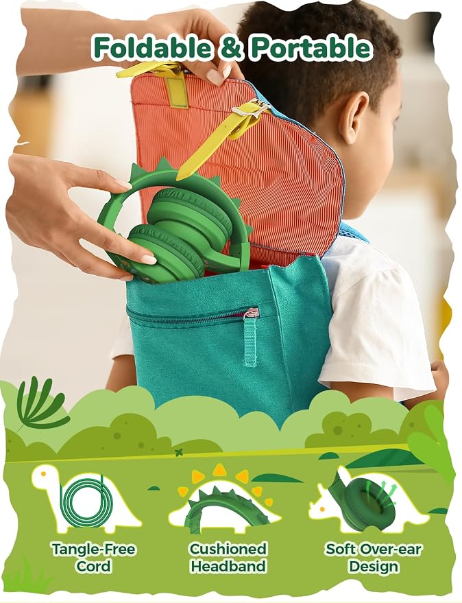 iClever Kids Headphones for School Travel, Safe Volume 85dBA, Stereo Sound Over-Ear for Kid, Foldable 3.5mm Wired Dinosaur Headphones for iPad Computer, HS19S