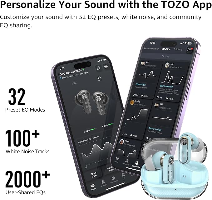 TOZO Crystal Pods Hybrid Active Noise Cancelling Wireless Earbuds, 10mm Drivers Deep Bass, 4 Mics Smart ENC AI Calls, Real-Time AI Translation, 32 EQ via App, Bluetooth 5.4, Crystal Design