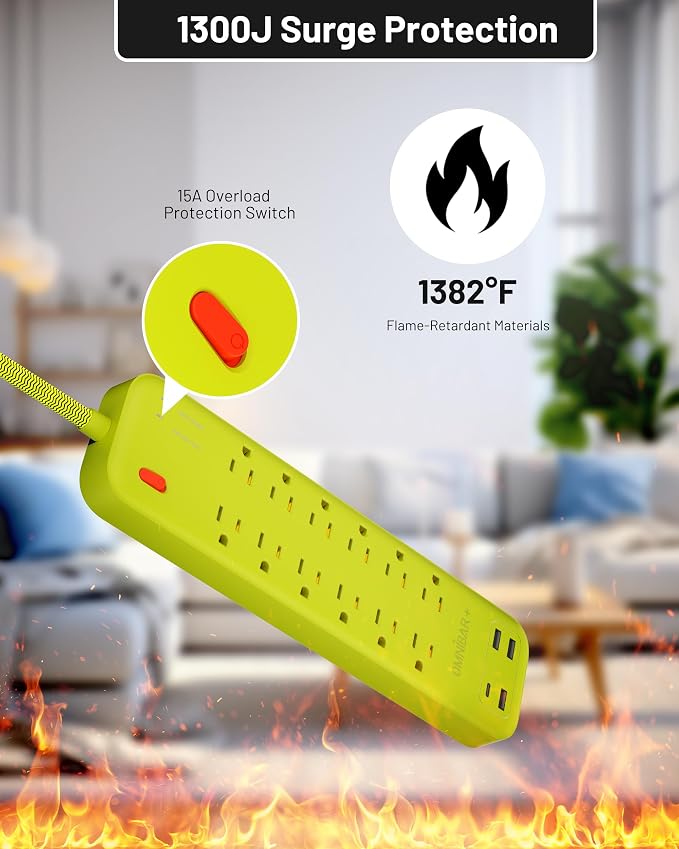 USB Surge Bar 12 Power Strip - 12 Outlets 4 USB Ports(1 USB C), Multi Plug Outlet Extender with 6Ft Braided Extension Cord, 3600 J, Wall Mount, Flat Plug, Desk Charging Station for Office Home