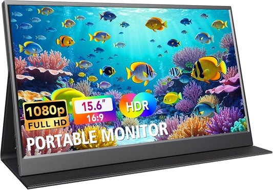 15.6 Inch Portable Monitor 1080P FHD IPS Gaming Display Monitor with USB-C & HDMI Light Weight Ultra-Slim External Second Screen with Smart Cover & Speakers for Laptop，PC, Mac, Phone, PS5, Switch
