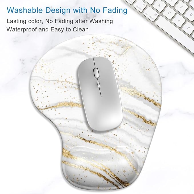 ITNRSIIET Ergonomic Mouse Pad with Gel Wrist Support Wrist Rest Smooth Surface Non-Slip PU Base Comfortable Office Supplies Pain Relief, 9.5 x 8 inches, Gray Gold Marbling
