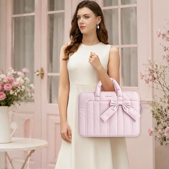 MOSISO Laptop Case 16 inch, 15-15.6 inch Puffy Laptop Sleeve Compatible with MacBook Pro 16 M5 M4 M3 M2 M1, HP Acer Dell Lenovo ASUS Notebook, Rectangle Quilted Carrying Bag with Bow&Handle, Pink