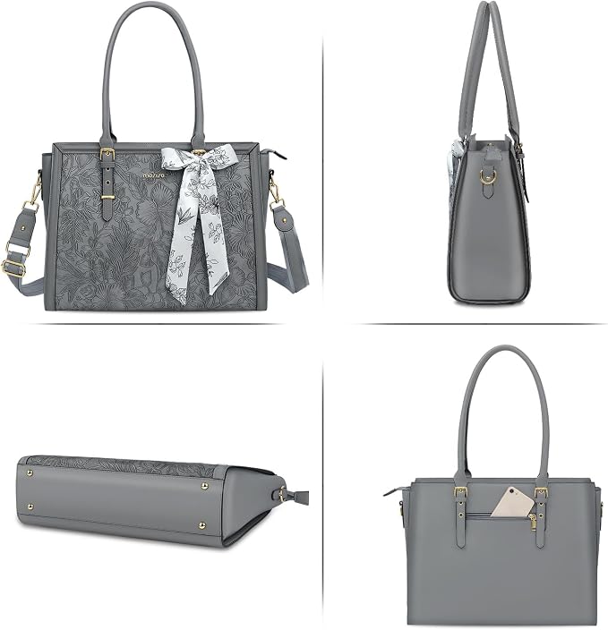 MOSISO Laptop Bag for Women, 15.6-16 inch PU Leather Tote Bag Compatible with MacBook, HP, Dell, Asus Notebook, Front Embossed Retro Hibiscus Computer Bags with Silk Scarf&Clutch Purse, Gray