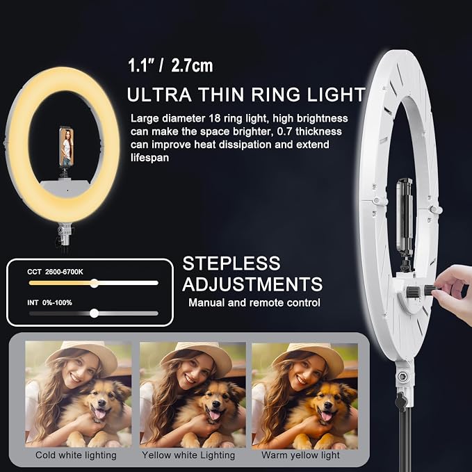 Ring Light Kit:18"/45cm Outer 55W6700k Dimmable LED Light, Tripod Stand, Remote Controller,Box for Camera,Smartphone,YouTube,TikTok,Self-Portrait Shooting,CRI95,White