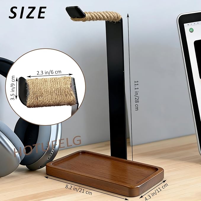2-in-1 Solid Wood Headphone Stand Universal Headphones Holder with Storage Base Heavy Duty Solid Wood Gaming Headset Hanger for Study Rooms,Game Space,Desk,Office,Vintage Gift for Men(Rope Wrapped Top)