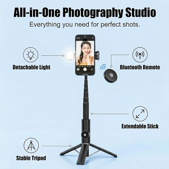 Selfie Stick Tripod Portable Extendable Cell Phone Stand with Detachable Mini Ring Light Phone Tripod Stand with Bluetooth Remote for iPhone Android for Vlogging/Travel/Live Streaming (Black)
