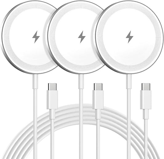Magnetic Wireless Charger Charging Pad: 15W Qi Fast Portable Slim Charger Puck for iPhone 17e 17 Air 17 Pro Max 16 15 14 13 12 Series S26 & AirPods 4 3 2 Pro - Include USB-C/A Dual Ports (3Pack White)