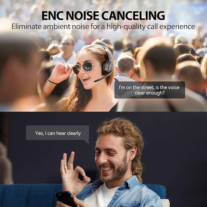 TECKNET Trucker Bluetooth Headset, Stable V5.2 & USB Dongle Connection, 70h Wireless Bluetooth Headsets with Mic and Mute, ENC Noise Canceling, Headset for Truck Drivers, Cell Phone, PC Comfort Office