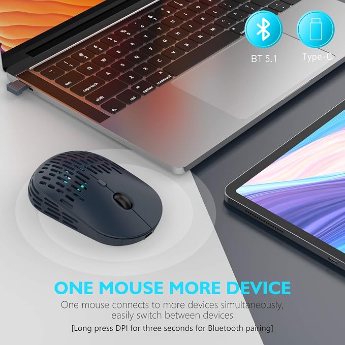 RAPIQUE Bluetooth Wireless Mouse, Dual Mode Rechargeable Silent Bluetooth Mice with 2.4G Type C Receiver for Laptop, iMac, Chromebook,MacBook pro/air and All Type-C Device (Blue)