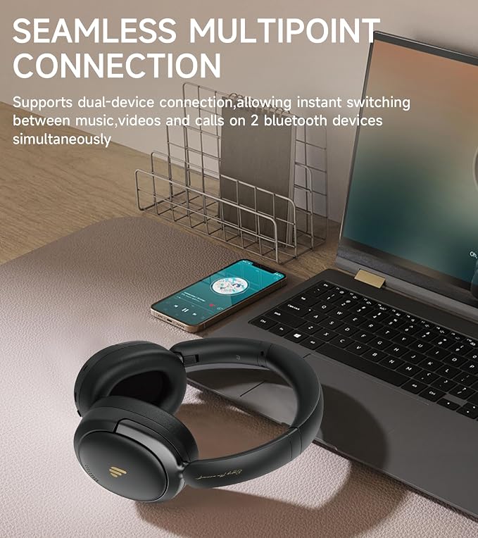 Atom Max Hybrid Active Noise Cancelling Over-Ear Headphones - Hi-Res Audio with Microphone, Volume Control, 45H Playtime, Fast Charging, Bluetooth 5.4, App Customization, Foldable Headset, Black