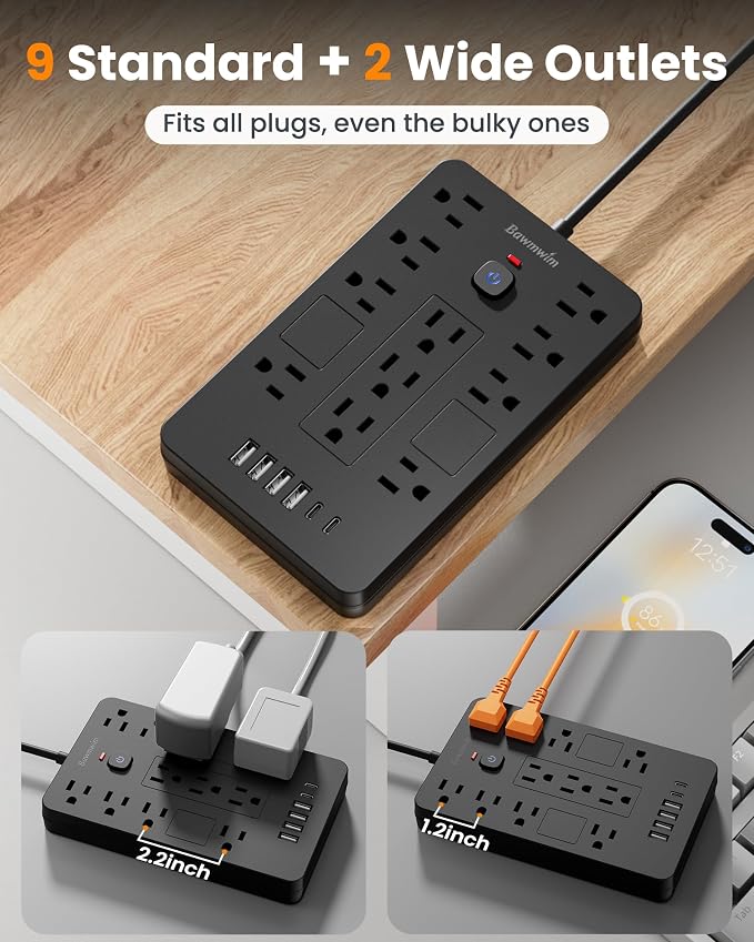 Surge Protector Power Strip - 11 Outlets(1850W/15A/14AWG) with 6 USB Ports(2 USB C), 20FT Flat Plug Extension Cord, Wall Mount, Black, ETL Listed for Home, Dorm Room