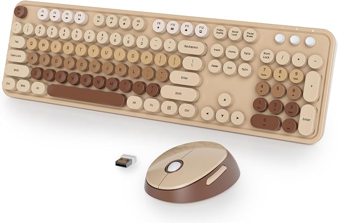 Fogruaden Wireless Keyboard and Mouse Combo, Retro Typewriter Full-Size Keyboard with Number Pad and Cute Mouse, Gradient Colorful Computer Keyboard for Windows PC Desktops Laptop