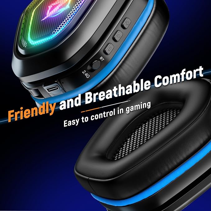 Ozeino 2.4GHz Gaming Headset Wireless with Flip Mic for Ps5, Ps4, PC, Gaming Headphones with RGB Light, 40Hr Battery Bluetooth Headset for Laptop, Mobile, Mac