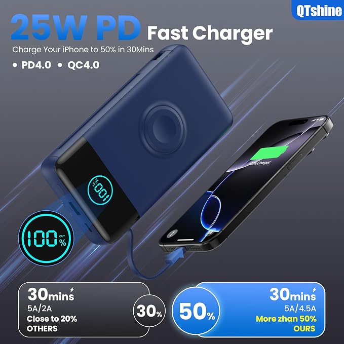 Portable Charger for iPhone, 40800mAh Power Bank with Built-in Cables & AC Wall Plug, 5 Outputs USB C Fast Charging External Battery Pack for iPhone 17/16/15/14, Android, Travel Essential (Blue)