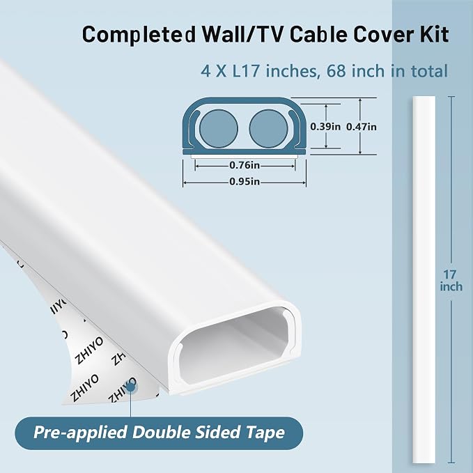 ZhiYo Cable Hider Raceway Kit, Cord Hider for TV on Wall, Paintable Cord Cover Channel, Wire Hiders for Wall Mounted TV in Home Office, 0.95in (W) x 0.47in (H), White