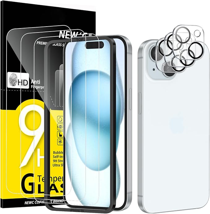 NEW'C 3x for iPhone 15 Screen Protector (6.1 inches)+ 3x Camera Lens Protector, Sensor Protection, Case Friendly Tempered Glass Film + Dust Plug- Easy installation tool include