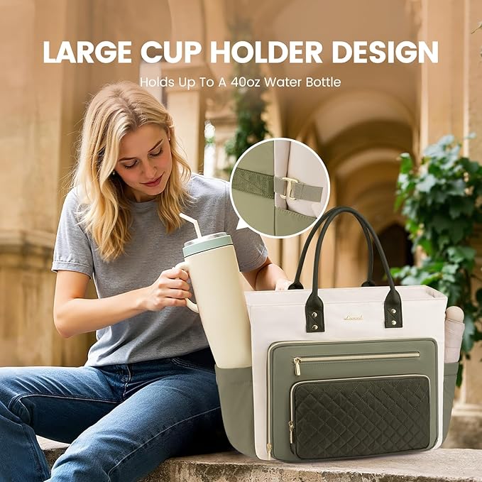 LOVEVOOK Teacher Tote Bag for Women Work, Laptop Bag With Large Cup Holder, Nurse Bags Professional Briefcase Business Computer Purses Handbag,Light Green-Beige-Olive Green,15.6 Inch