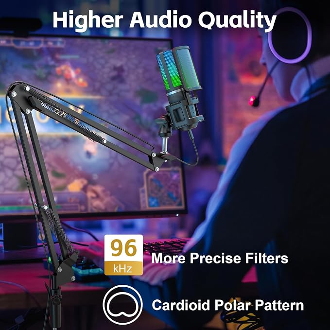 ZealSound Podcast Microphone, USB Mic with Noise Cancellation, Volume & Mute Control, RGB Light, Zero-Latency Monitoring, Gaming Microphones with Boom Arm & Tripod Stand for PC Mac iPhone and Android