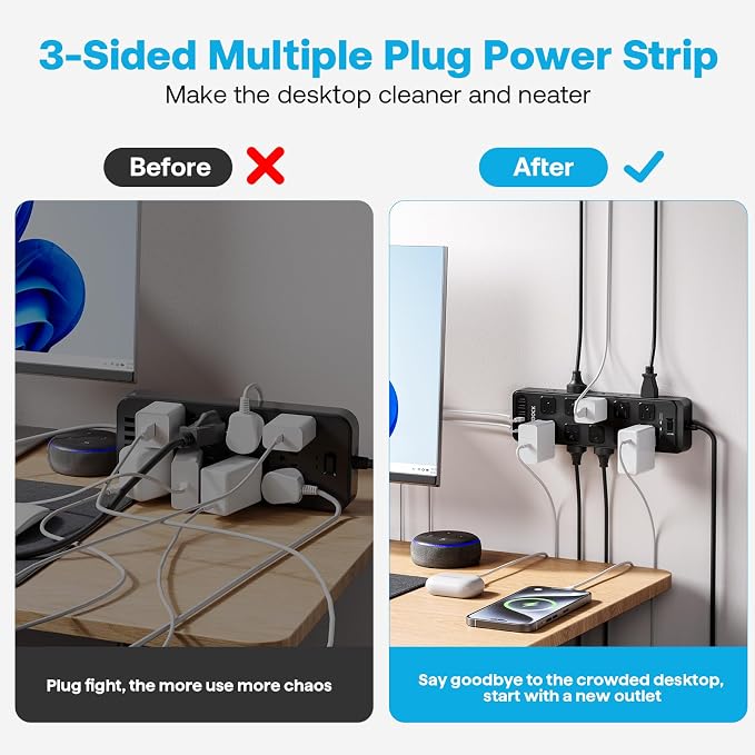 Power Strip Surge Protector Flat Plug with 20 AC Outlets 6 USB Chagring Ports, 1875W/15A, 2700J, 10 Ft Heavy Duty Extension Cord for Home, Office, Dorm, Gaming,ETL Listed (Black, 10 Feet)