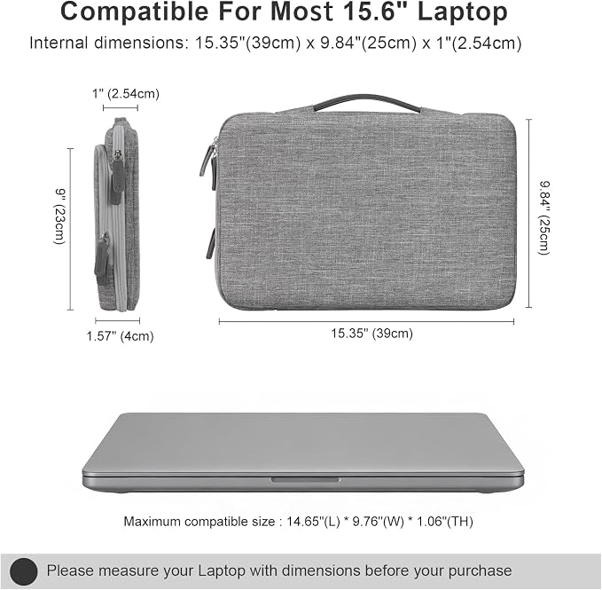 15.6 Inch Laptop Sleeve Case, Protective Carrying Cover for 15-15.6 inch Dell, acer, HP, Lenovo, ASUS Notebook Ultrabook, Large Accessory Pocket and Water Resistant for Travel Laptop Bag, Gray