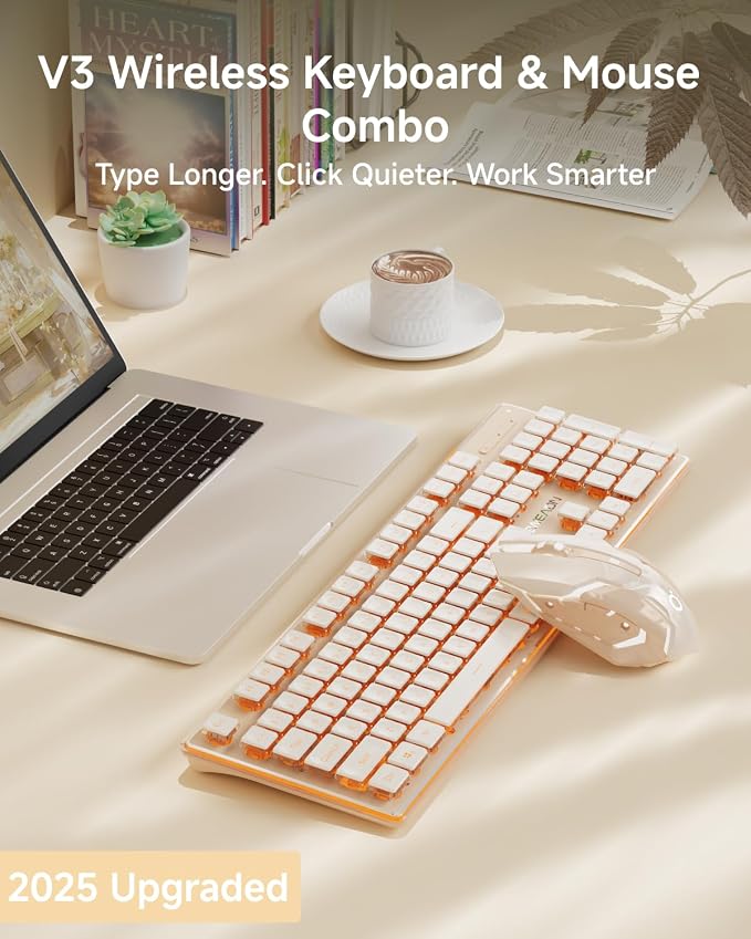 SEUNKWANG EWEADN V3 Wireless Keyboard and Mouse with Single Backlit, Metal Panel, Bluetooth/2.4G Rechargeable Computer Keyboard and Mouse Combo Silent Lighted Full Size Cute Keyboards-Rose Gold