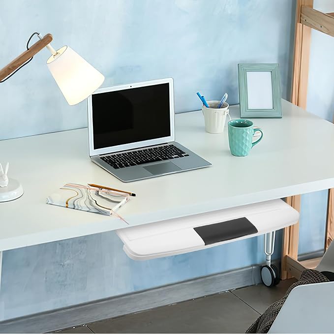 Adjustable Under Desk Keyboard Tray with Mouse Platform and Pen Holder, White Sliding Keyboard Mount System for Office Workspace Organizer