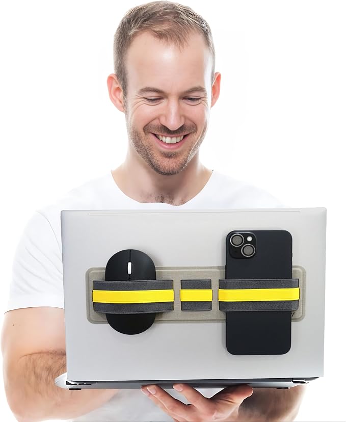 AMOZIFY® Space-Efficient Anti-Slip Organizer, Mouse Holder for Laptop Stick On, 3-Slot Band Laptop Pocket Adhesive | Hard Drive Holder (Gray-Yellow)