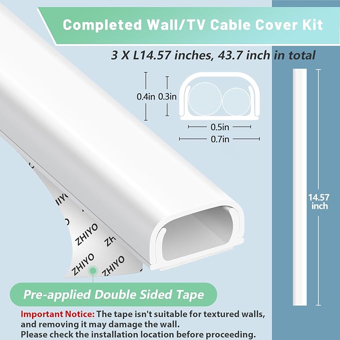 ZhiYo Wire Covers for 2 Cords, 43.7in Cord Hider on Wall Mounted, Black Cord Cover Kit, TV Cable Cover Cable Concealer for Extension Cord, Ethernet Cable, Speaker Wire, 0.7in(W) x 0.4in(H)