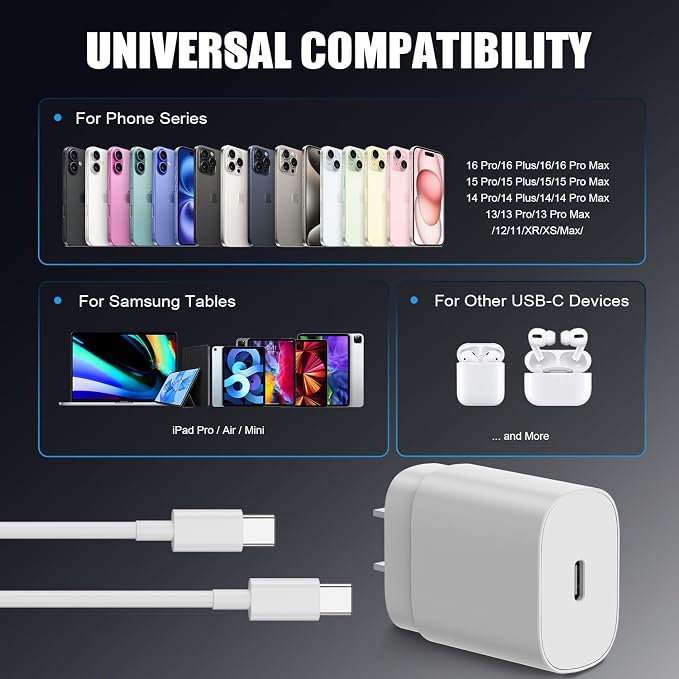 Essri 25W for iPhone 16 15 Charger Fast Charging,4 Pack USB C Wall Charger Block with (6 ft+10 ft) x2 Long USB C to C Cable for iPhone 16/15 Pro Max/Plus,for iPad Pro/Mini,White