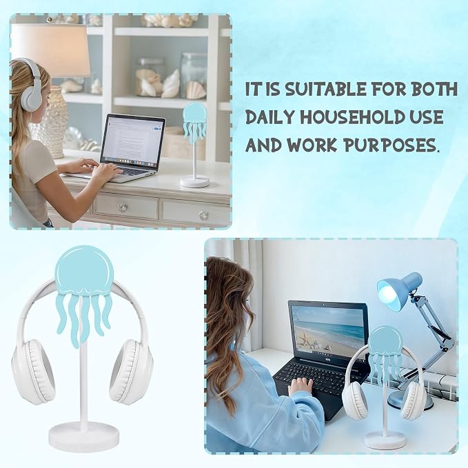 Yookeer Jellyfish Headphone Stand Cute Blue Headphone Stand Decorative Ocean Sea Wood Desk Decor for Gamer Room Office Desk Gaming Gifts for Girlfriend Office Worker