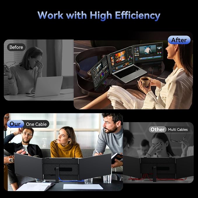 One Cable Connection Triple Laptop Screen Extender - Ultra Thin 14" Monitor IPS FHD 1080P Lightweight Portable Display for 13"-17" Laptops Compatible with Windows Mac Chrome Travel Work Setup