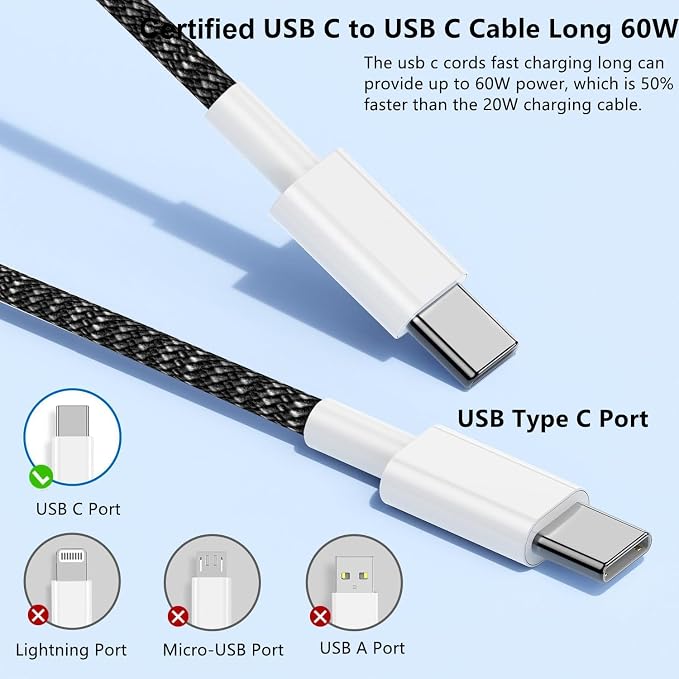 USB C to C Charger Cable 10ft, 60W Type C to C Fast Charging Cable Cord Long for Apple iPhone 17 Pro Max/17 Air/16 Pro Max/16 Pro/15 Plus/15 Pro Max/MacBook 2021/2020/2019,iPad Pro/Mini/Samsung Galaxy