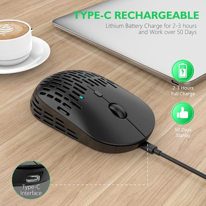 RAPIQUE Bluetooth Wireless Mouse - (BT+USB-C Receiver) Dual Mode, Rechargeable, Lightweight, Silent Computer Mice with Type C Receiver, USB C Mouse for MacBook, Laptop, Tablet, Chromebook (Black)