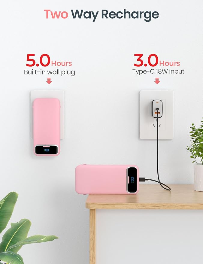 12000mAh Lightweight-Portable-Charger-Power-Bank with Built-in Cables and AC Wall Plug, PD20W USB-C Fast Charging Battery Pack, LED Display External Travel Phone Charger for All iPhone,Samsung,Android