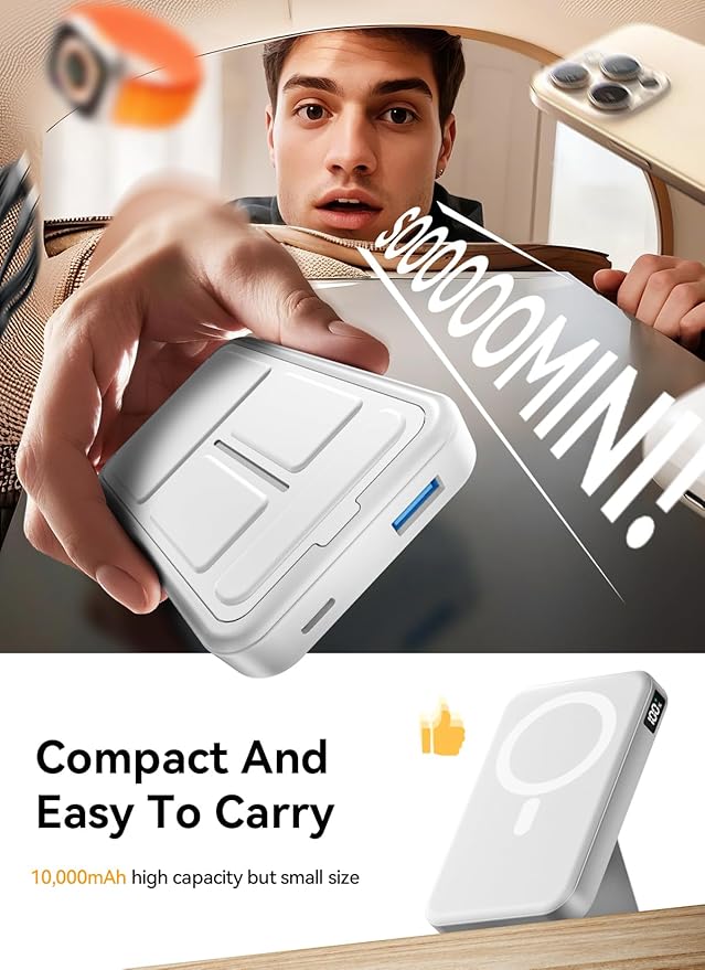 Magnetic Portable Charger, 10000mAh Power Bank with Leather Foldable Stand - Travel Essentials, USB-C 20W Fast Charging for Magsafe Battery Pack, Compatible with iPhone 17/16/15 All Series