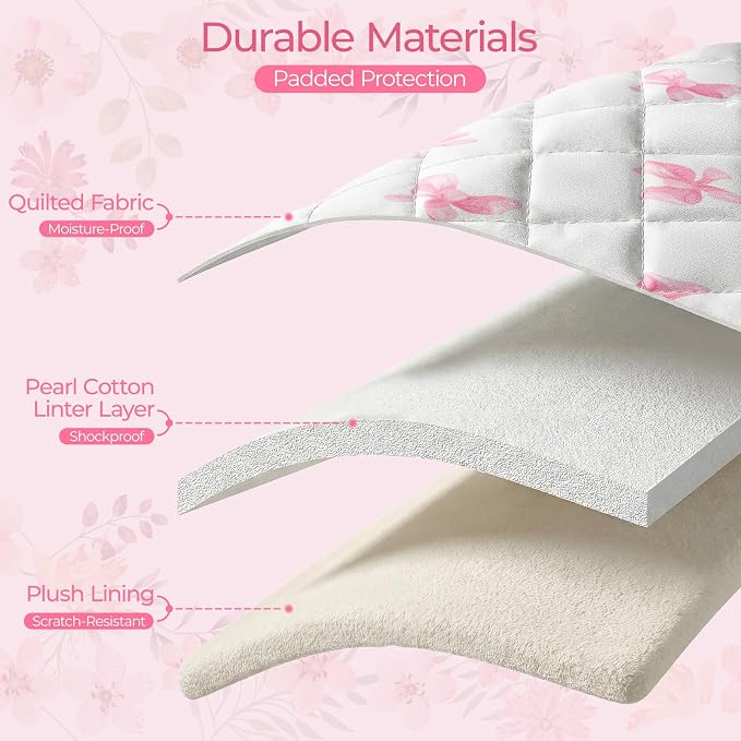 13-14 inch Cotton Quilted Laptop Sleeve for Women, Aesthetic Puffy Laptop Case Carrying Bag Compatible with MacBook Air/Pro 13/Pro 14, Soft Computer Liner Bag (Pink Bow, 13.3 inch)