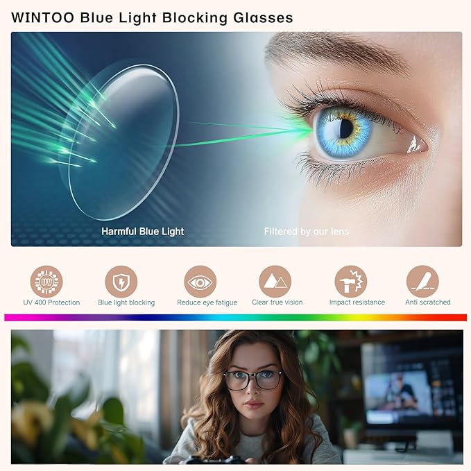 Blue Light Blocking Glasses for Women & Men, Square Frame Computer Glasses for Gaming & Office, Anti Eye Strain & UV400 Filter, 1 Pair