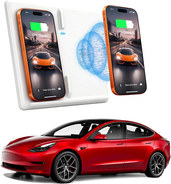 White Wireless Charger for 2017-2020 Tesla Model 3, Dual 15W Tesla Model 3 Wireless Charger Pad, Centre Console Accessory Panel, OEM White Interior Match, Compatible with All Qi Phone