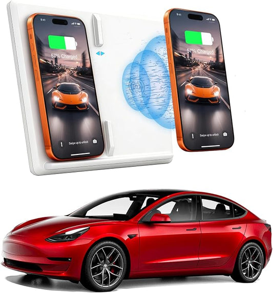 White Wireless Charger for 2017-2020 Tesla Model 3, Dual 15W Tesla Model 3 Wireless Charger Pad, Centre Console Accessory Panel, OEM White Interior Match, Compatible with All Qi Phone