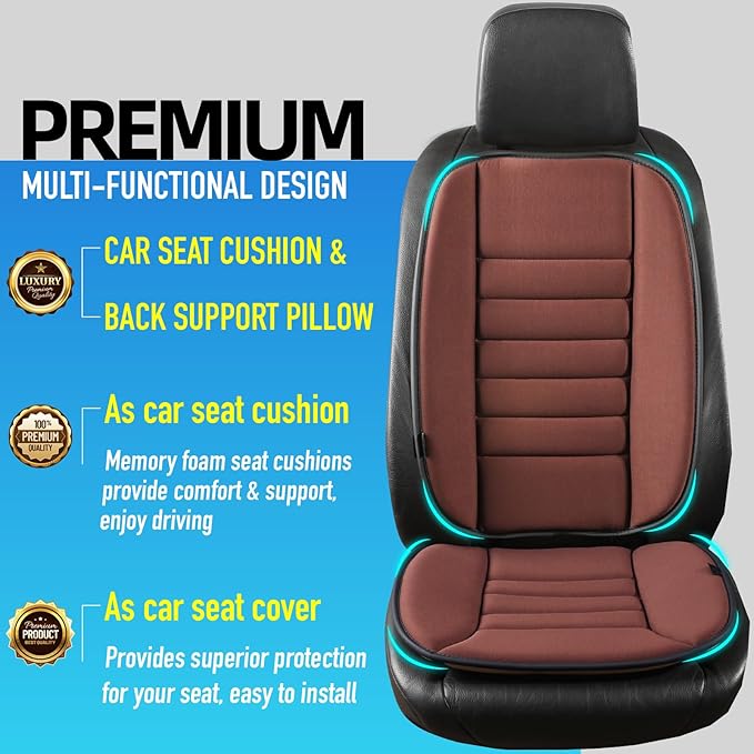 Lofty Aim Car Seat Cushion with Back Support Pillow, Comfy Lumbar Support & Seat Cushion, Memory Foam Driving Pillow for Back-Sciatica Pain Relief, Auto Pad Suitable for Car, Truck, SUV - Brown