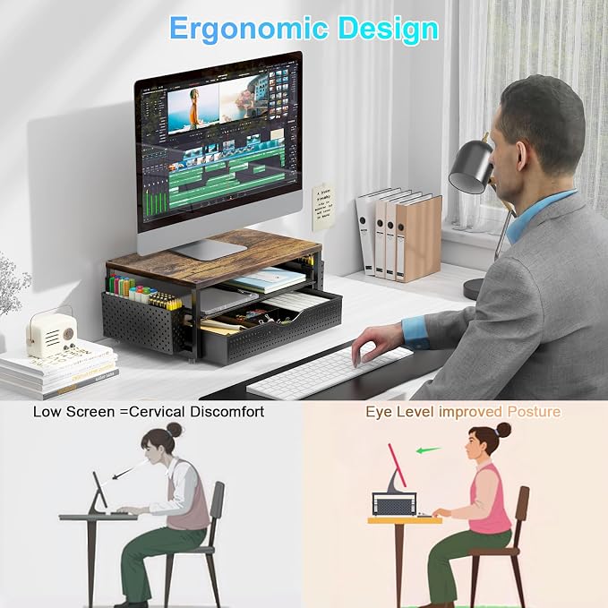 gianotter Monitor Stand with Storage + 4-Tier Paper Organizer (Black)