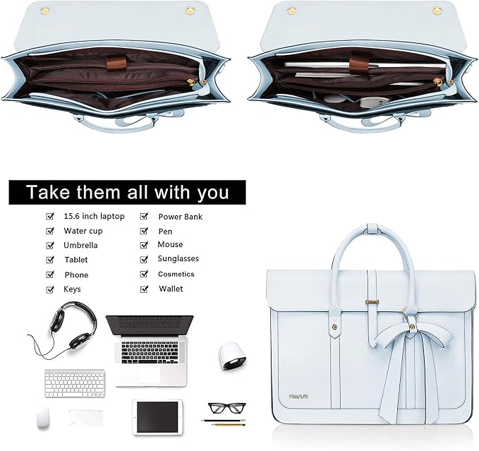 MOSISO Laptop Bag for Women, 15-15.6 inch PU Leather Laptop Shoulder Bags Convertible Backpack, 16 inch Messenger Bags Casual Handbag Work Briefcase Travel Computer Bag with Bowknot, Sky Blue