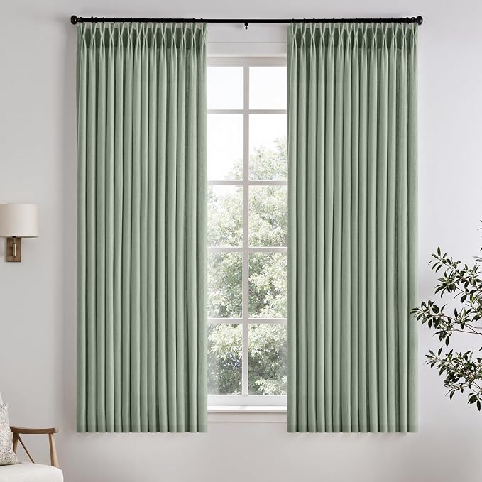 Memory Trained Pinch Pleated Curtains 63 Inches Long, Viral Linen Pinch Pleat Sheer Curtains with Ring Hooks&Clips for Track System Living Room, Sage Green Light Filtering Privacy Curtain 2 Panel Set
