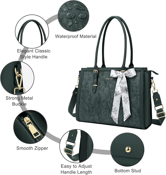 MOSISO Laptop Bag for Women, 15.6-16 inch PU Leather Tote Bag Compatible with MacBook, HP, Dell, Asus Notebook, Front Embossed Retro Hibiscus Computer Bags with Silk Scarf&Clutch Purse, Emerald Green