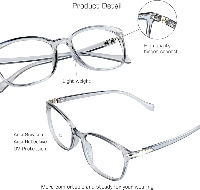 VisionGlobal Blue Light Blocking Glasses for Women Men, Stylish Square Frame(Clear Gray,No Magnification)
