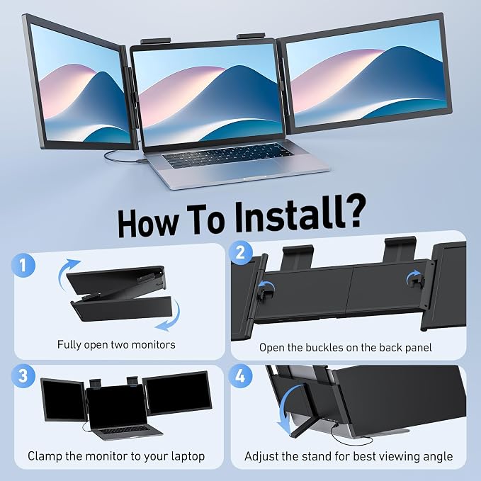 Laptop Screen Extender, 14’’ FHD 1080P Triple Portable Monitor for Laptop with Ultra-Slim IPS Display, USB-C Plug and Play Multi Screen Attachment for 14"-15.6" Laptops