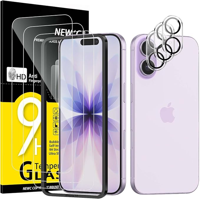 NEW'C 3x Screen Protector for iPhone 17 (6.3 inches)+ 3x Camera Lens Protector, Sensor Protection, Case Friendly Tempered Glass Film, Ultra Resistant, Easy installation tool include