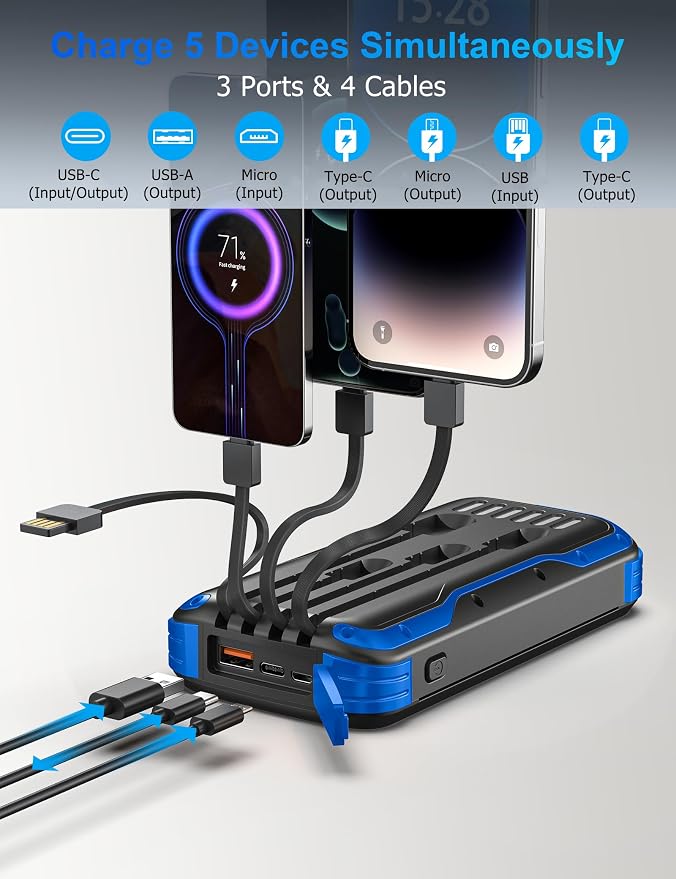 MINRISE Solar Charger Power Bank, 40000mAh Portable Charger PD 20W Fast Charging Solar Power Bank Built in 4 Cables and USB-C in/Output, Camping Essentials External Battery Pack with Flashlights